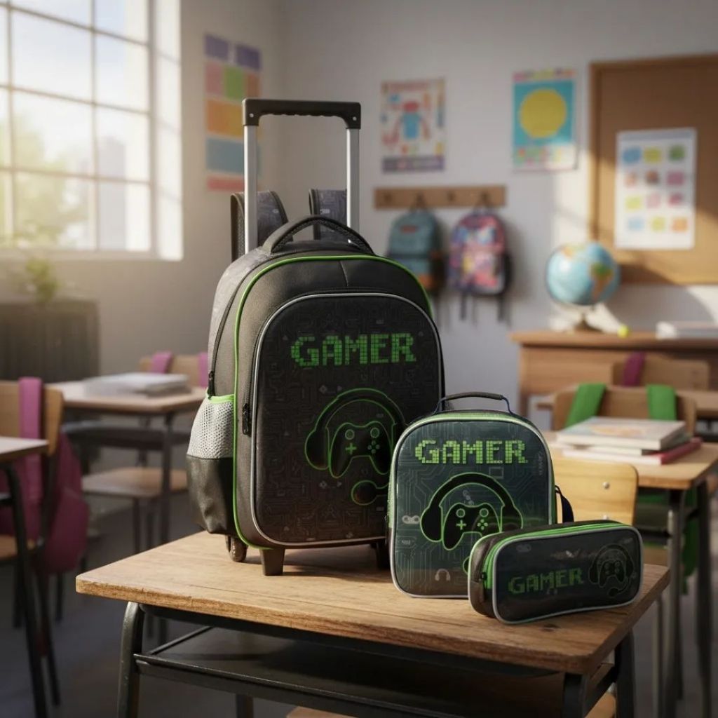 Kit Mochila Rodinhas Gamer Jogo Lancheira e Estojo Verde Yepp