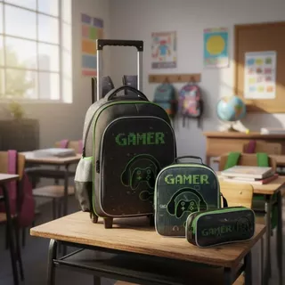 Kit Mochila Rodinhas Gamer Jogo Lancheira e Estojo Verde Yepp