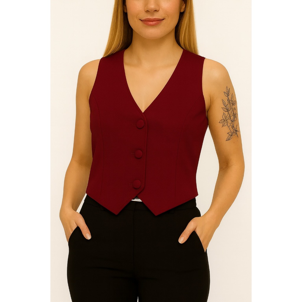Colete Couro Fake Curto Social Coletinho Decote V Blusa Com Botões