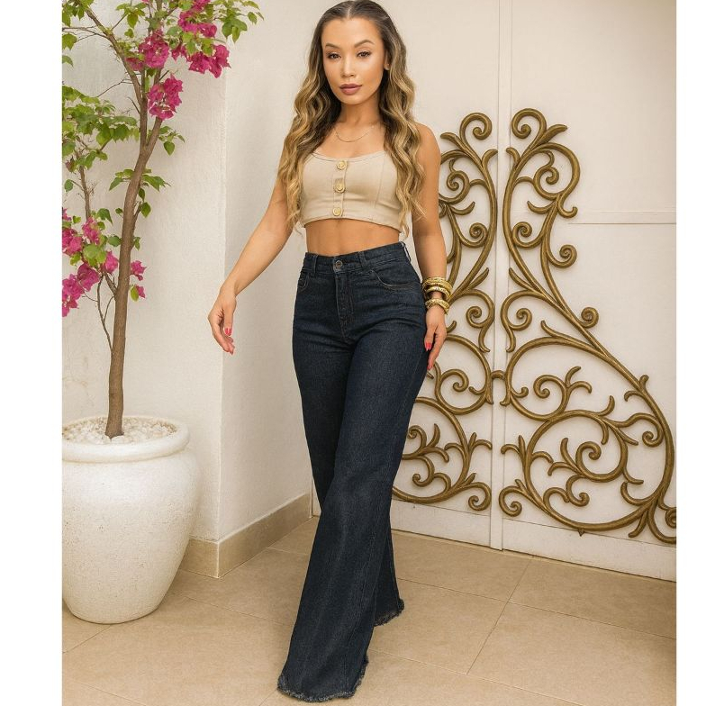Calça Wide Leg Jeans Cintura Alta Lavagem Escura Calça Pantalona Larga ...