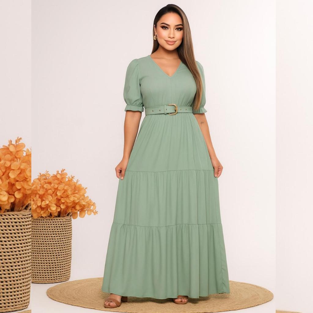 Vestido Feminino Longo Evangélico Três Marias Com Cinto Personalizado Confortavél e Elegante Tedência