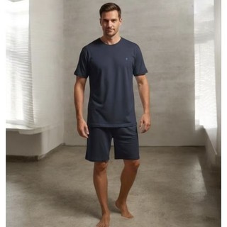 Pijama Curto Masculino em Malha Liso - Azul Marinho em Oferta na Shopee