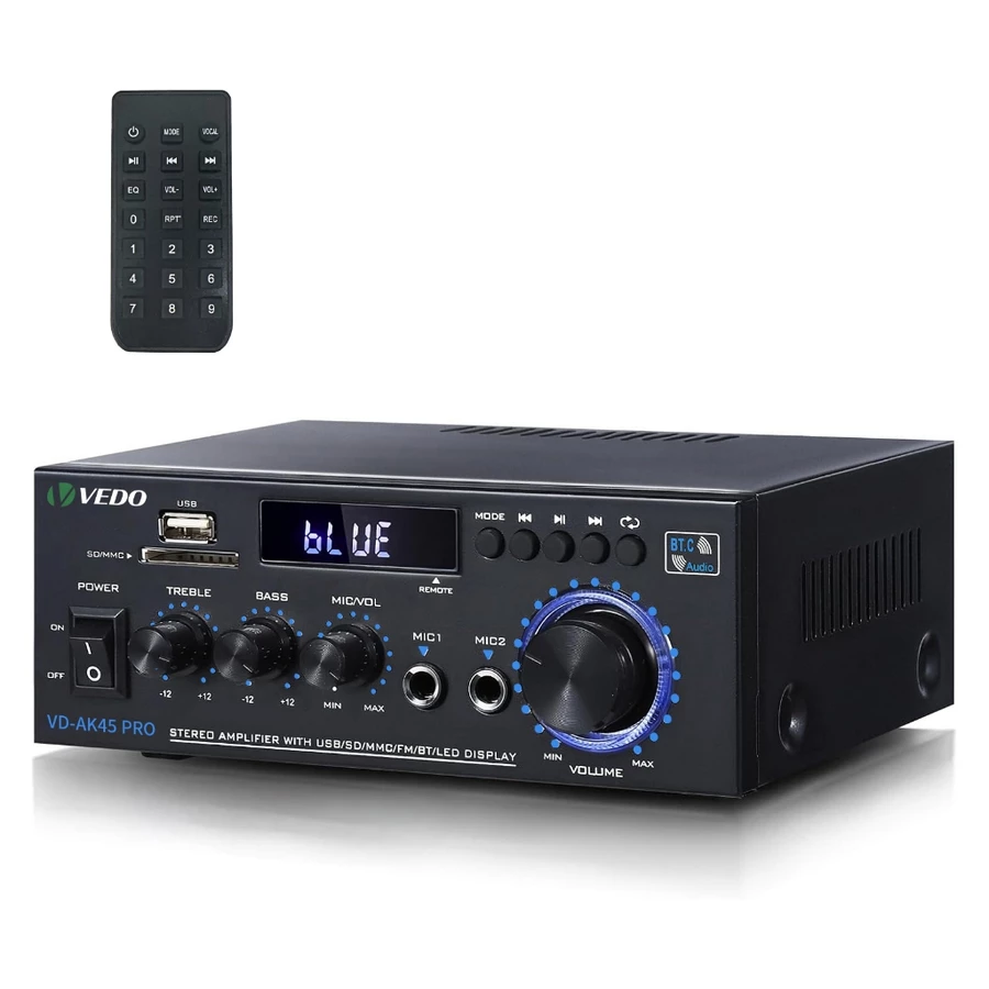 Amplificador de Áudio Bluetooth AK45 Pro 400W Estéreo 2 Canais com Controle Remoto Bivolt
