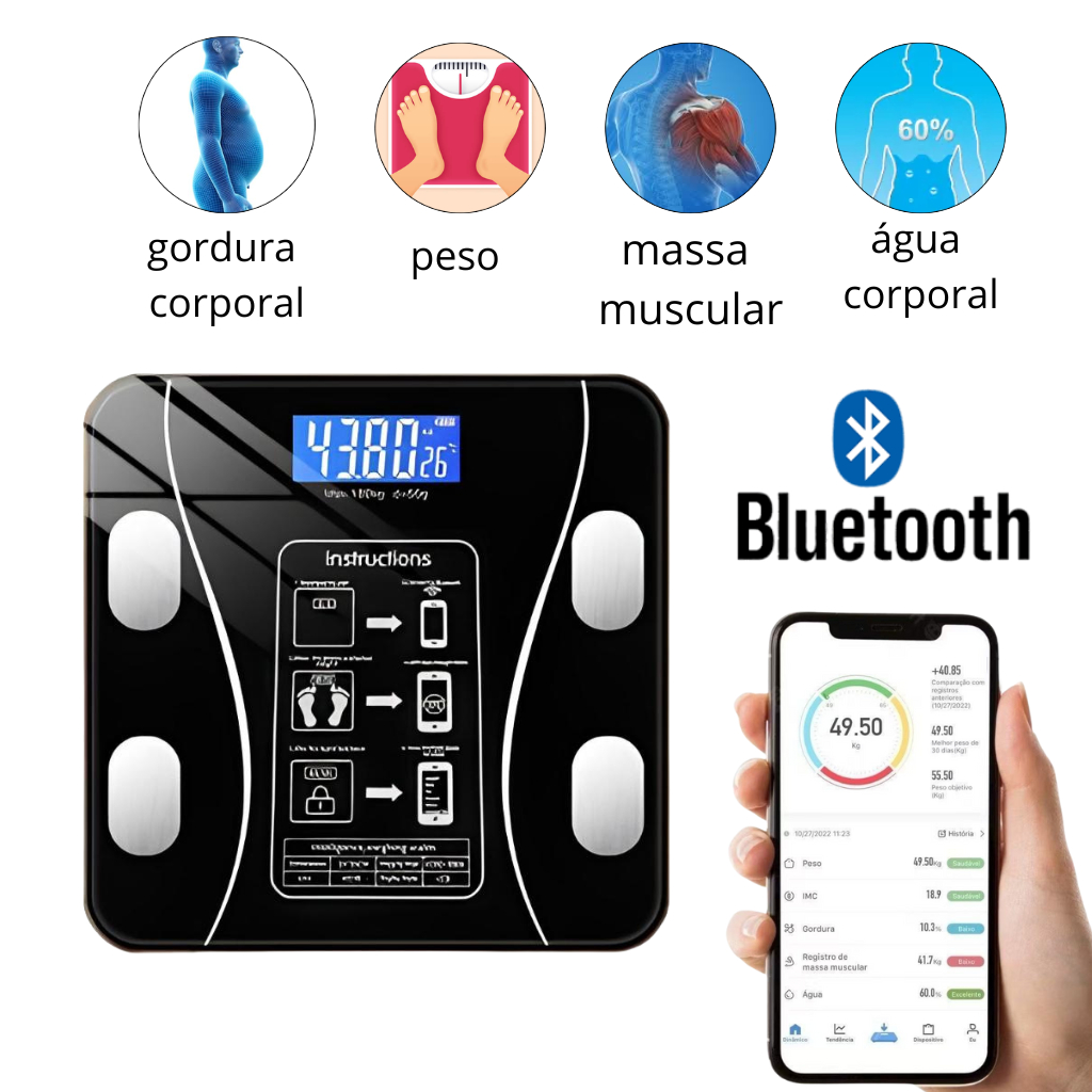 Balança Digital Medidora Corporal Bioimpedância Profissional Bluetooth ...