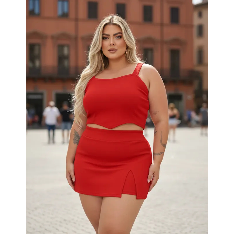 Conjunto Feminino Blusa Cropped + Short Saia Plus Size