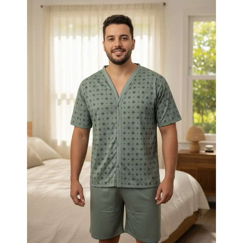 Pijama Masculino Adulto Botões Camisa Aberta Short Conjunto Pijama Masculino Adulto Botões Camisa Aberta Short Conjunto