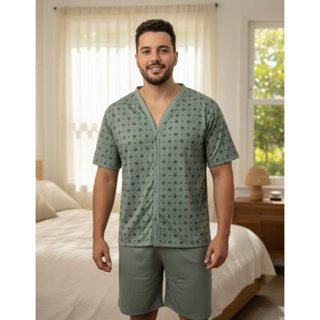 Pijama Masculino Adulto Botões Camisa Aberta Short Conjunto em Oferta na Shopee