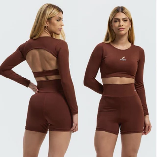 Conjunto Academia Short Top Manga Longa Cropped Costa Aberta Roupa de Academia Treino