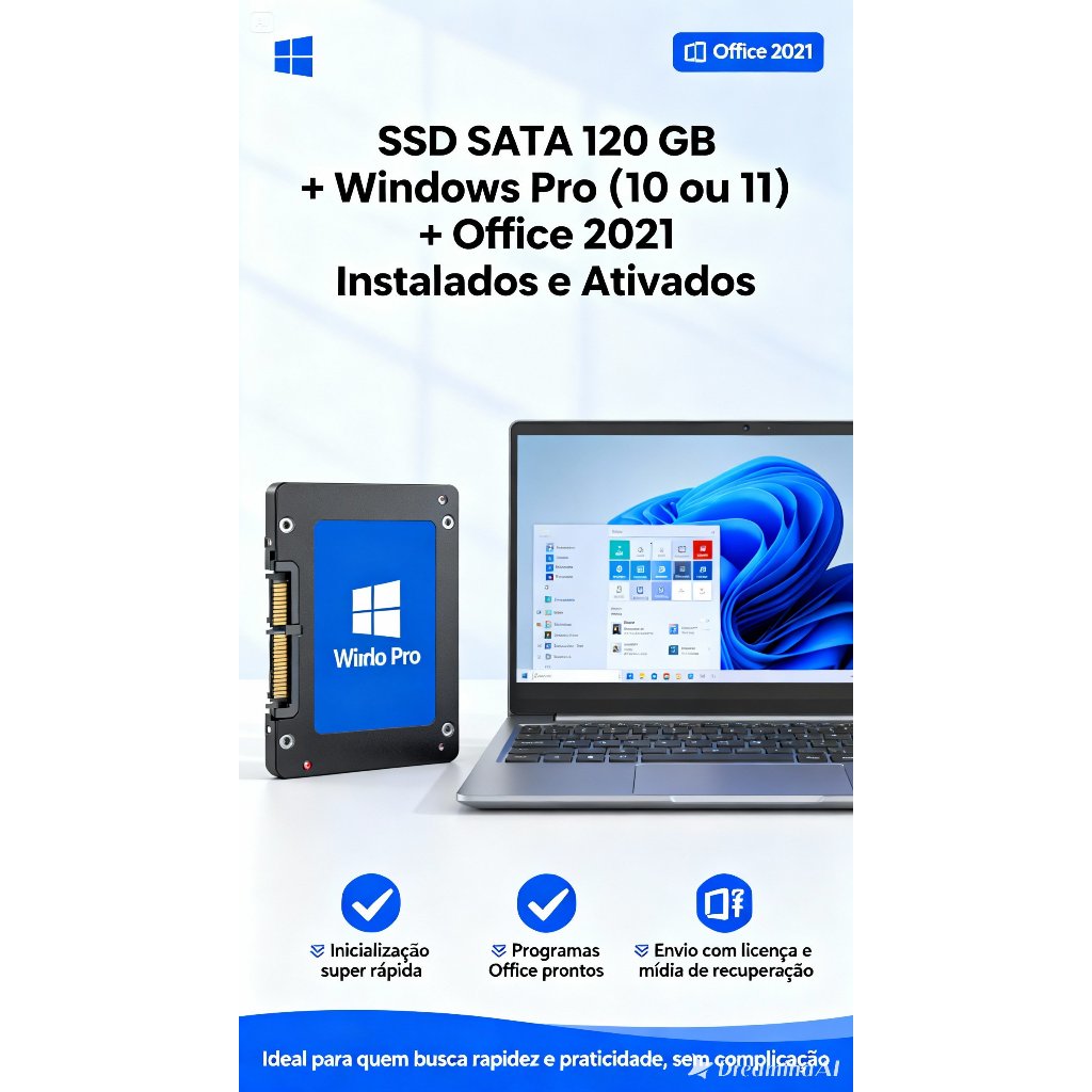 SSD 120GB + Windows Pro (10/11) + Office 2021 — Kit Pronto Para