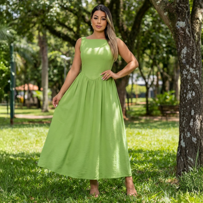 Vestido longo tecido Marant feminino elegante em cores sólidas
