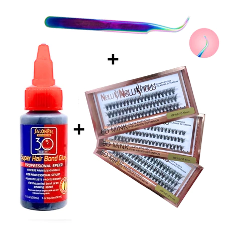 Conjunto de Cola 30ml Salon Pro + Pinça Vetus + Cílios Postiços 30P-0.07-D NEW SHOW - Tufos Sem nó