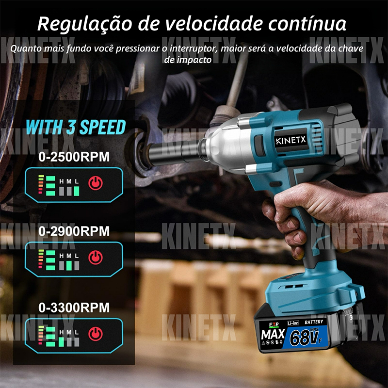Chave de Impacto Sem Escova 3in1 68VF 300Nm 2 Baterias 17/19/21mm
