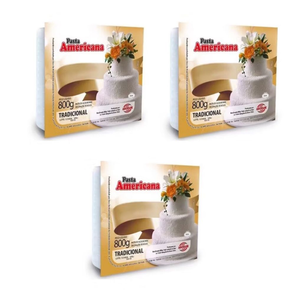Kit 3 Pasta Americana Tradicional Branca Arcolor 800gr*