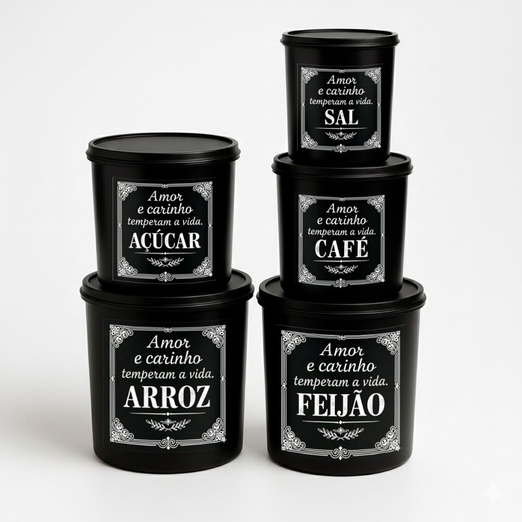 Kit 5 Potes de Mantimentos Plástico Decorado Frases