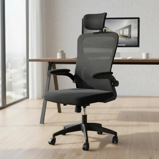 Cadeira De Escritório Ergonômica Reunião Giratória Preto Mesh Com Encosto De Cabeça e Lombar