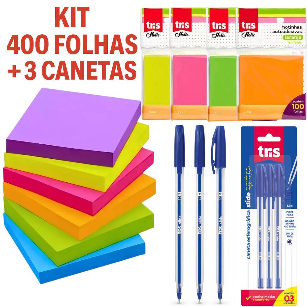 Kit Bloco De Notas 76x76 Colorido 400 Folhas + 3 Caneta Azul Post It ...