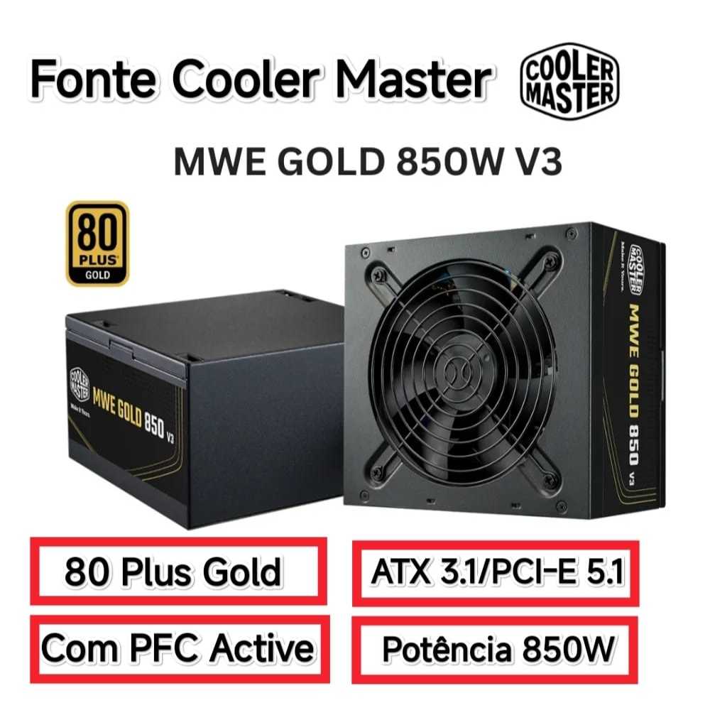 Fonte para PC gamer, Cooler Master MWE Gold 850 V3, 850W, 80 Plus