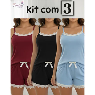 Kit 3 Pijama Suede Canelado Conjunto Premium com Renda l Baby Doll em Oferta na Shopee