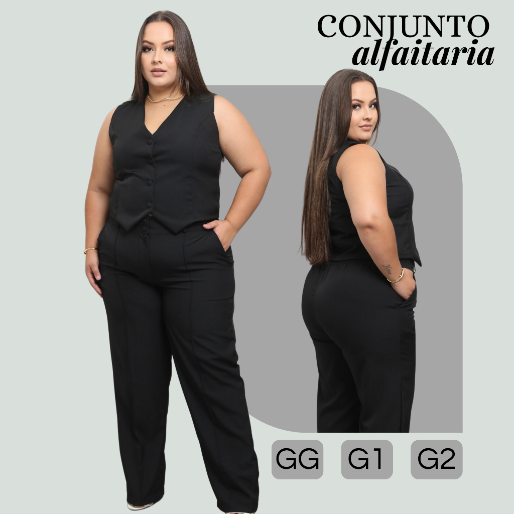Conjunto Plus Size Feminino Alfaiataria Colete e Calça Elegante com Ziper e Elastico na cintura