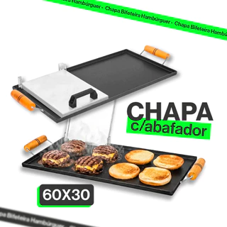 Chapa Grill C/ Abafador Para Fogão A Gás Lenha 60x30 Lanche Porções Hambúrguer