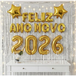 Kit 20pcs Balão Metalizado 2026 40 e 80CM + Feliz Ano Novo + 3 Estrelas + 2M Cortina Festa Réveillon
