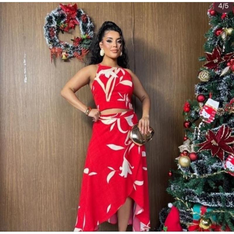 Conjunto Saia Envelope Longa Transpassada e Cropeed Com Bojo Plus