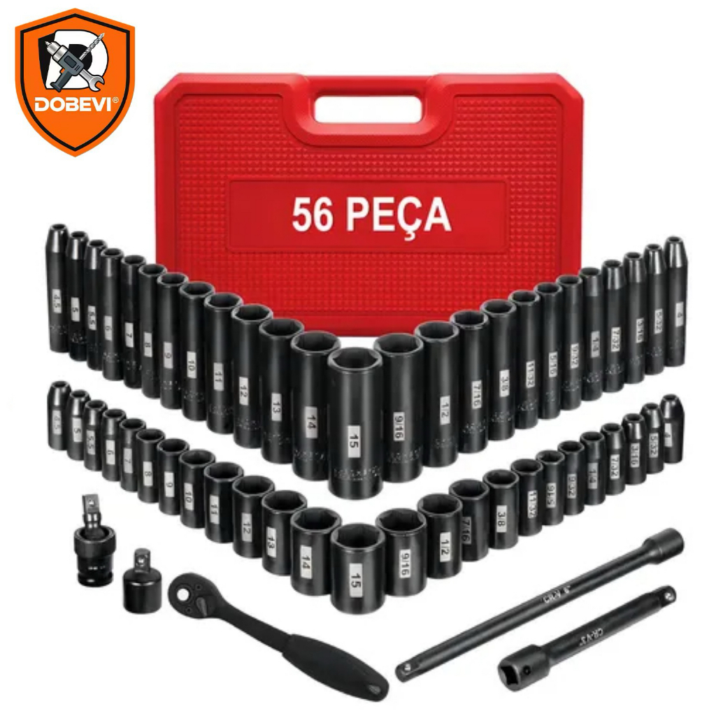 Kit 56 Pçs Soquetes Chave1/4 Catraca Reversível Jogo Dobevi Cor Preto