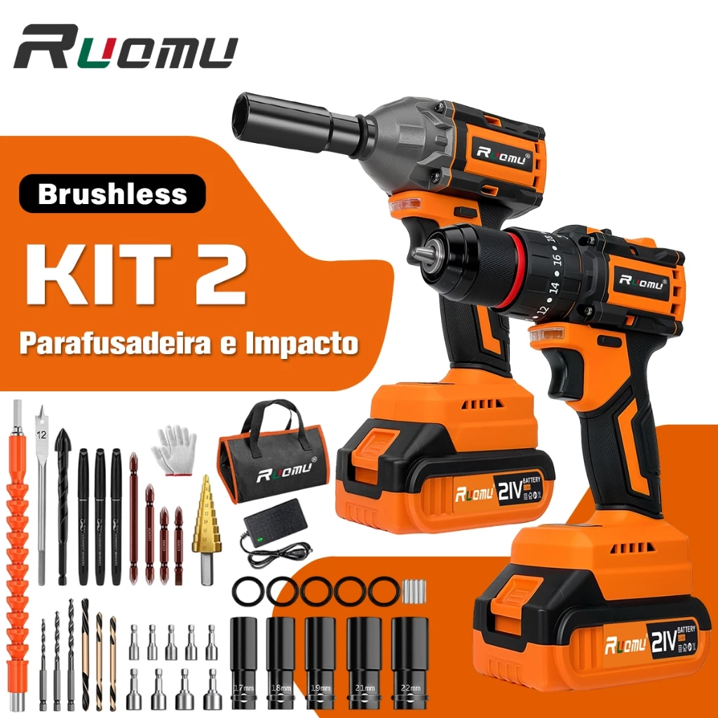 Kit 2 Furadeira Parafusadeira Chave De Impacto Brushless 21V