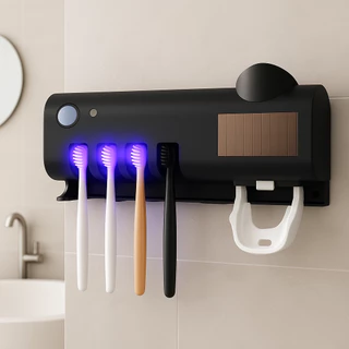 Kit Suporte Para Escova De Dentes Esterilizador Com Luz UV Antibacteriano De Creme Dental Cor Preta