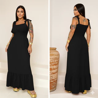 Vestido Longo em Tecido Duna com Lastex, Forro e Alças de Laço – Elegante, Fresquinho e Ideal para o Dia a Dia em Oferta na Shopee