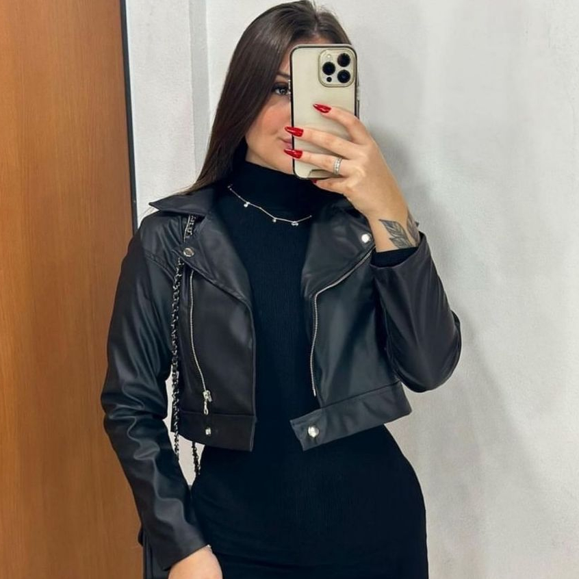 jaqueta De Couro Feminina Com Zíper Inverno Elegante