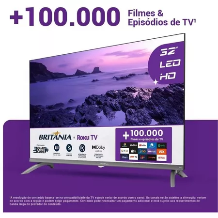 Smart TV 32” Britânia B32CRA Roku TV HD Wi-Fi | Netflix YouTube HDMI USB