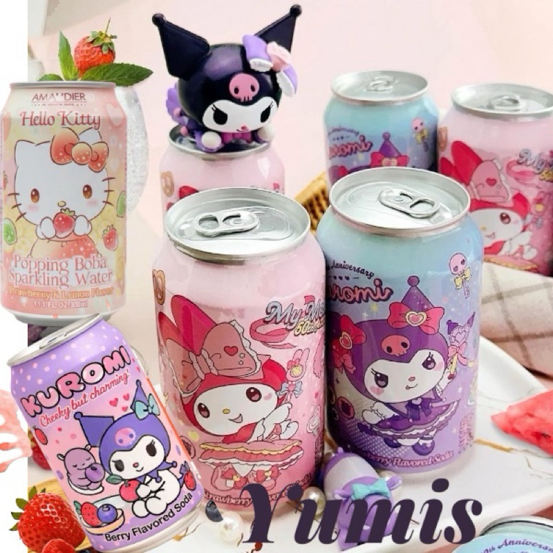 Bebida Hello Kitty e Kuromi com pedacos de gelatina dentro Jelly