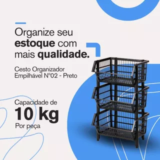 Kit 3 Cestos Organizadores Expositores N2 44cm Preto Empilhável Caixa Plástica Para Estoque