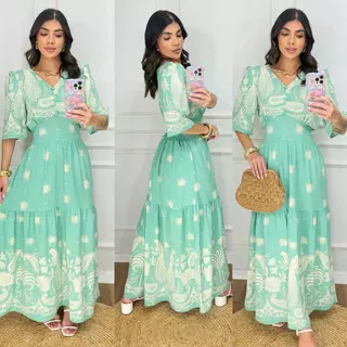 Vestido Longo Feminino Estampado Floral Com Elastex nas Costas / Manga Bufante em Oferta na Shopee