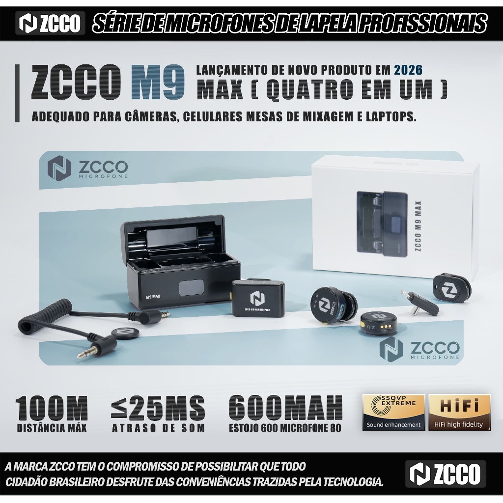 Microfone Sem Fio ZCCO M9 Max 25h Bateria Estojo 9g p/ Celular