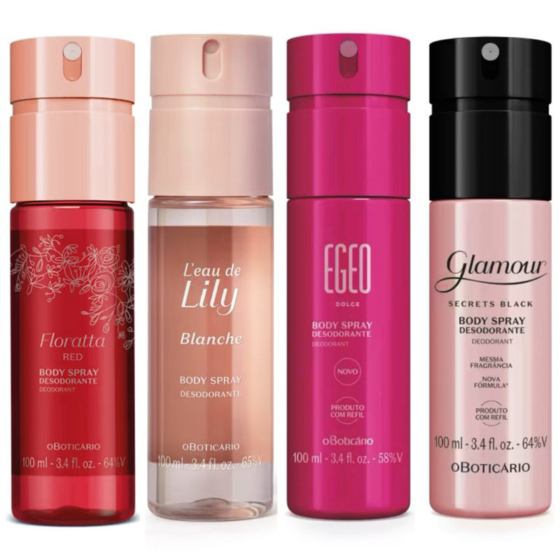 Body Spray Feminino O Boticário Floratta Red, Egeo Dolce, Glamour, Glamour Secrets Black e Lily Blanche 100ml em Oferta na Shopee