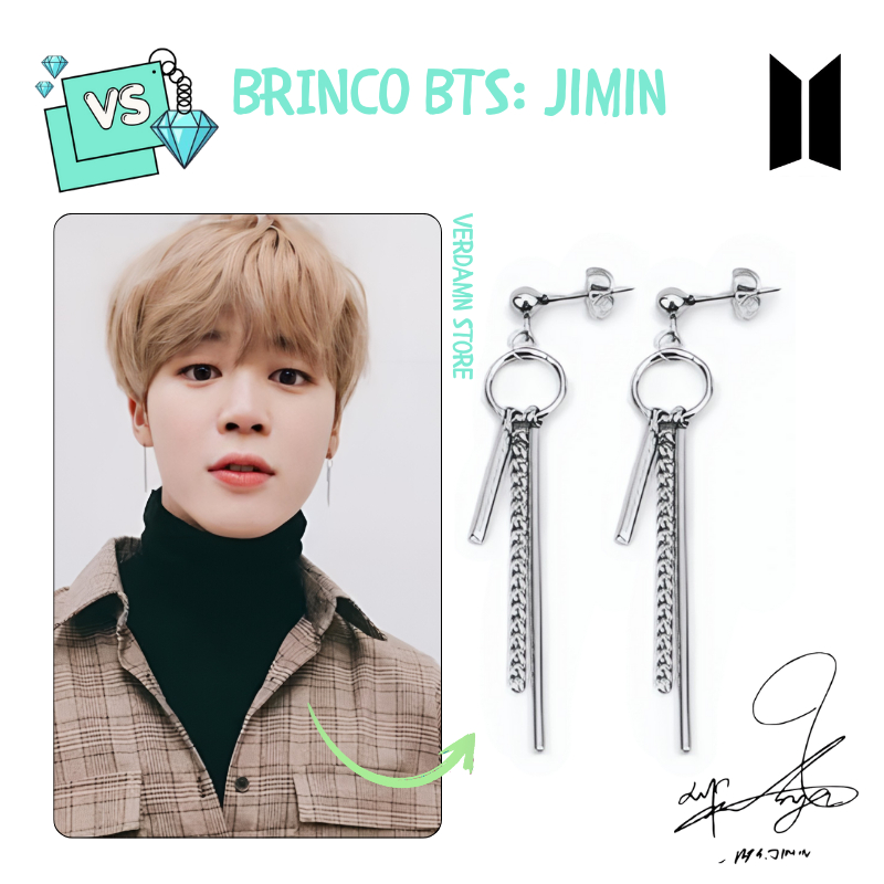 Brinco Park Jimin: BTS ver. 2 Prata Inoxidável Antialérgico