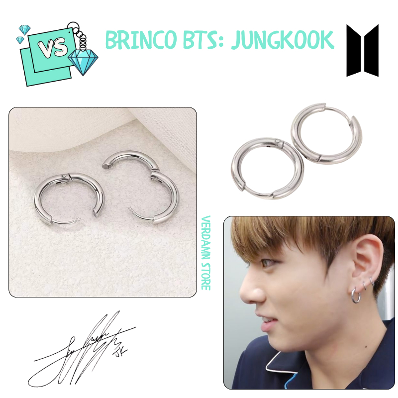 Brinco Jungkook: BTS ver 2 Prata Inoxidável Antialérgico Réplica