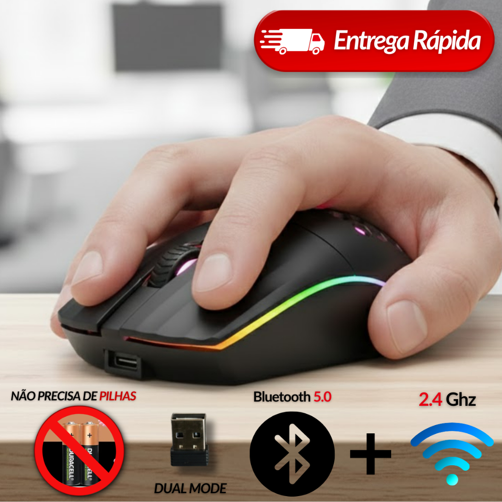 Mouse Sem Fio Portátil Recarregável 2.4Ghz Bluetooth5.0 Preto Premium ...