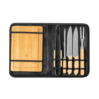 Kit Churrasco Tradicional Inox 6 Peças Com Tábua De Bambu Dourado