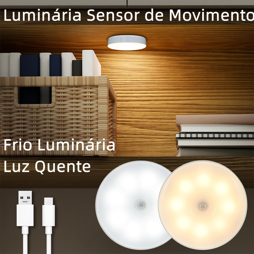 Luminaria Sensor De Presença e Movimento LED Luz Noturna Inteligente Sem Fio Recarregável USB Lâmpada de Noite Armário