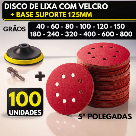 Kit Base 100 Disco Lixa Velcro 8 Furos Roto Orbital Lixadeira para Ferro Metal Massa e Madeira 125mm Suporte M14 Esm