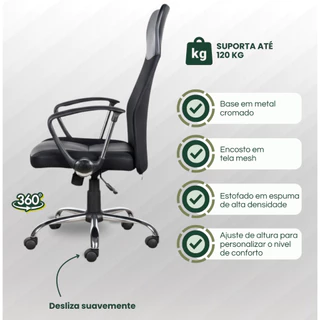 Cadeira Escritório Secretária Executivo e Call Centers Mesh Couro Estofado Cor Preto