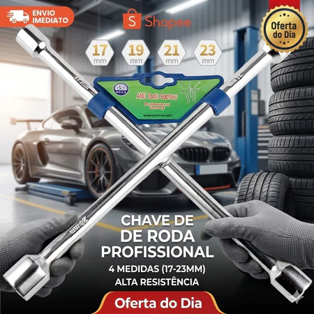 Chave de Roda Cruz 4 Bocas – 17/19/21/23 mm | Ferramenta Universal Reforçada para Troca de Pneus
