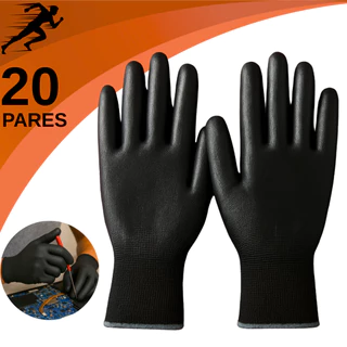 Kit 20 Pares Luva Super Tato PU Preta Antiderrapante na Palma para Trabalho Carga e Descarga