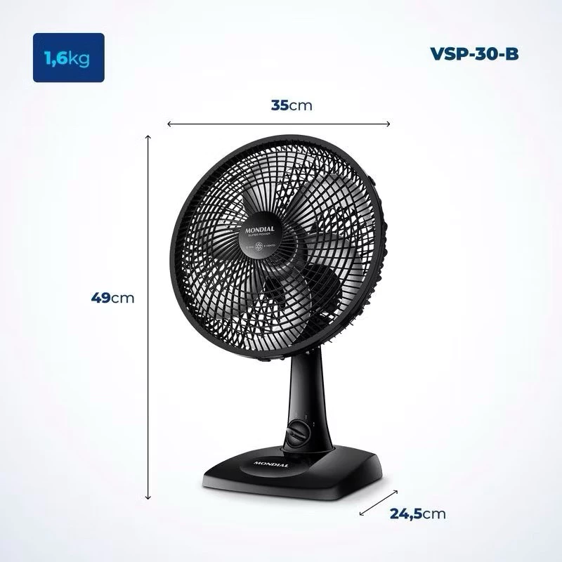 Ventilador Mondial Mesa VSP 30 B – 3 Velocidades Super Silencioso 127V 220V