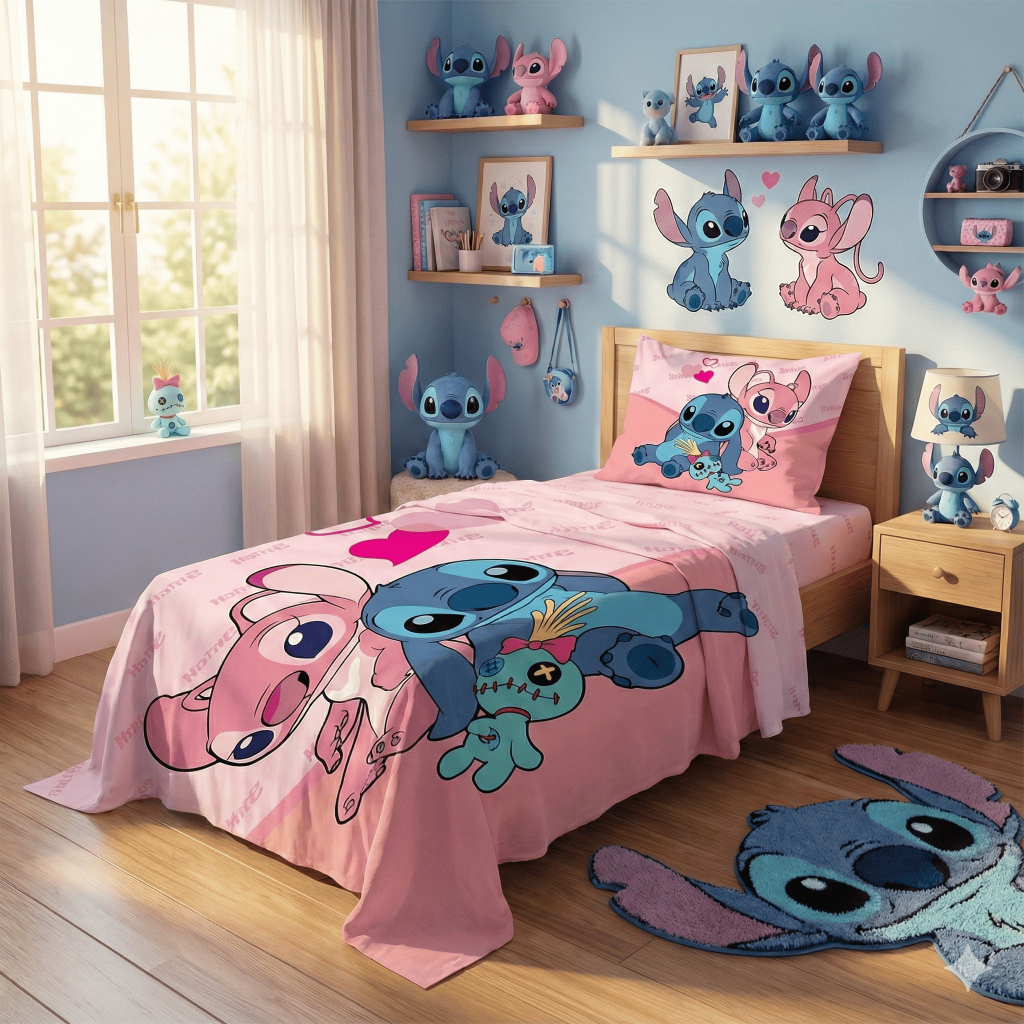 Lençol sem Elástico Solteiro + Fronha Stitch LCS 101 | Jogo de Cama Infantil Personagem Azul