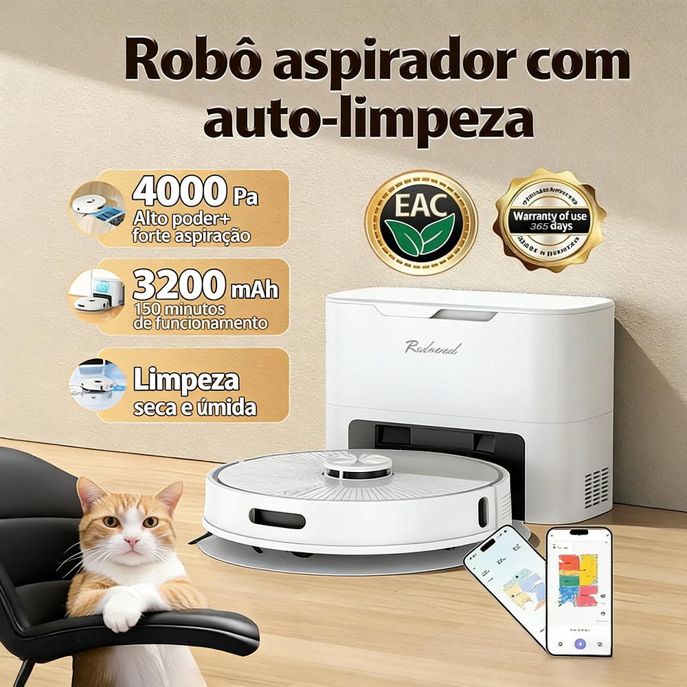 Aspirador robô três em um Navegação LiDAR Potência de sucção de 4000 Pa Saco de pó de 4 litros Redroad R10