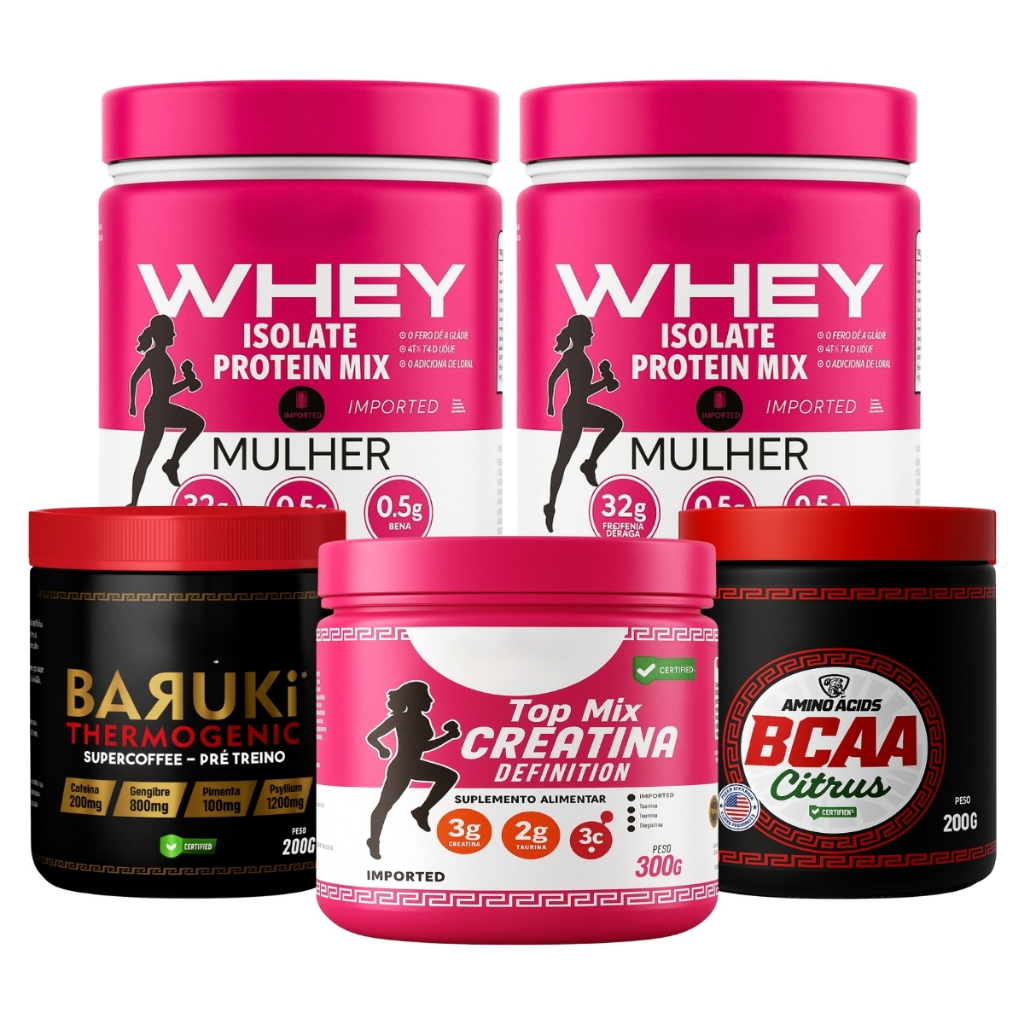 Foto de Whey Feminino Isolado + Creatina Mono + Bcaa Aminoácidos Essenciais + Termogênico Pré-Treino